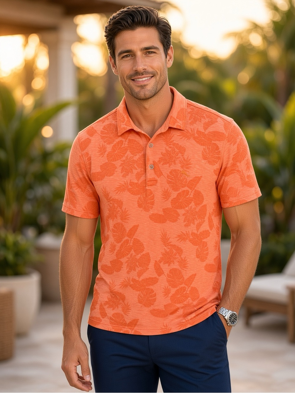 Tommy Bahama Orange Floral Jacquard Polo XL
